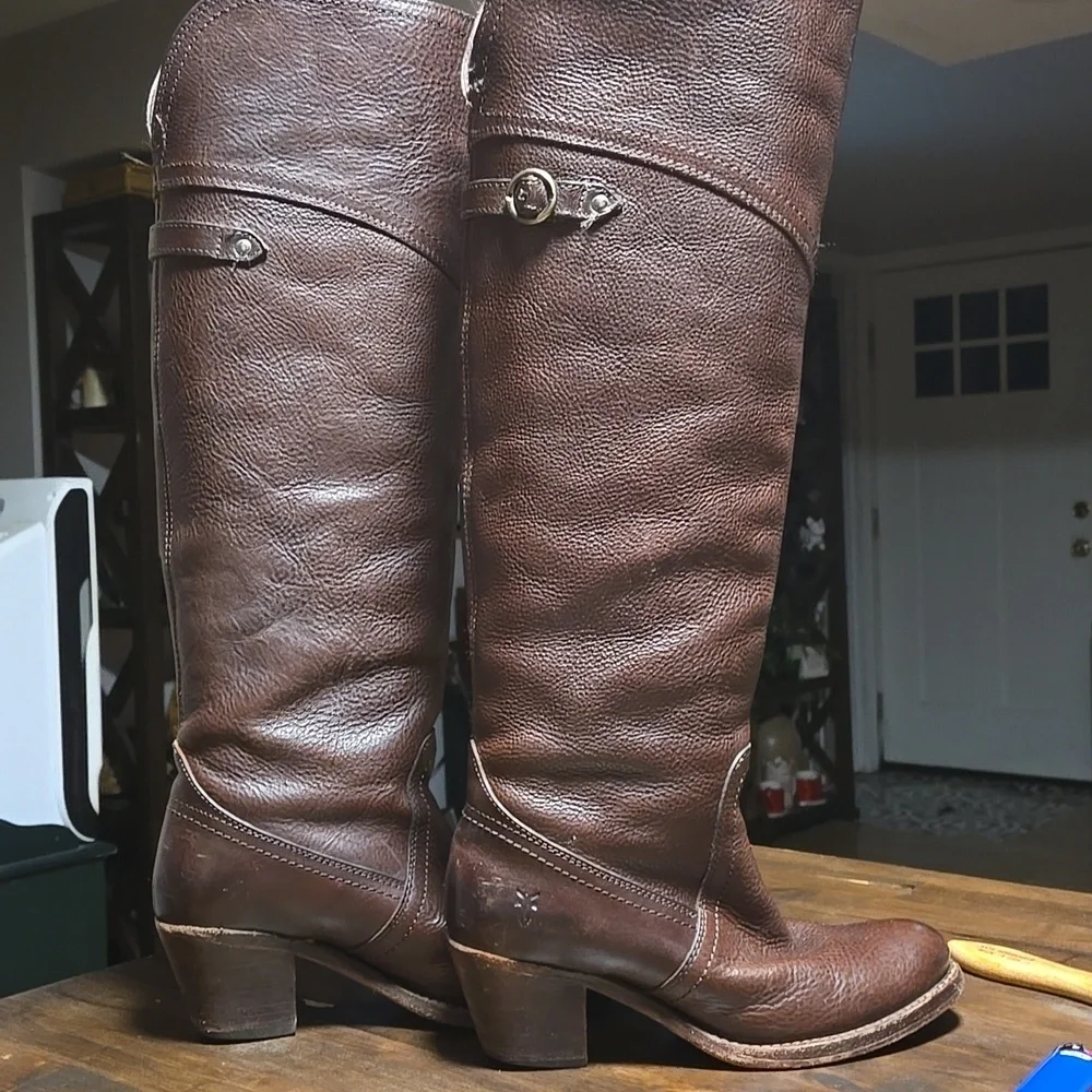 Frye Jane Fold Over  Rich Brown Leather Boots Knee High Womens Size 7